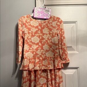 Peplum Floral Midi Dress in Coral and Cream